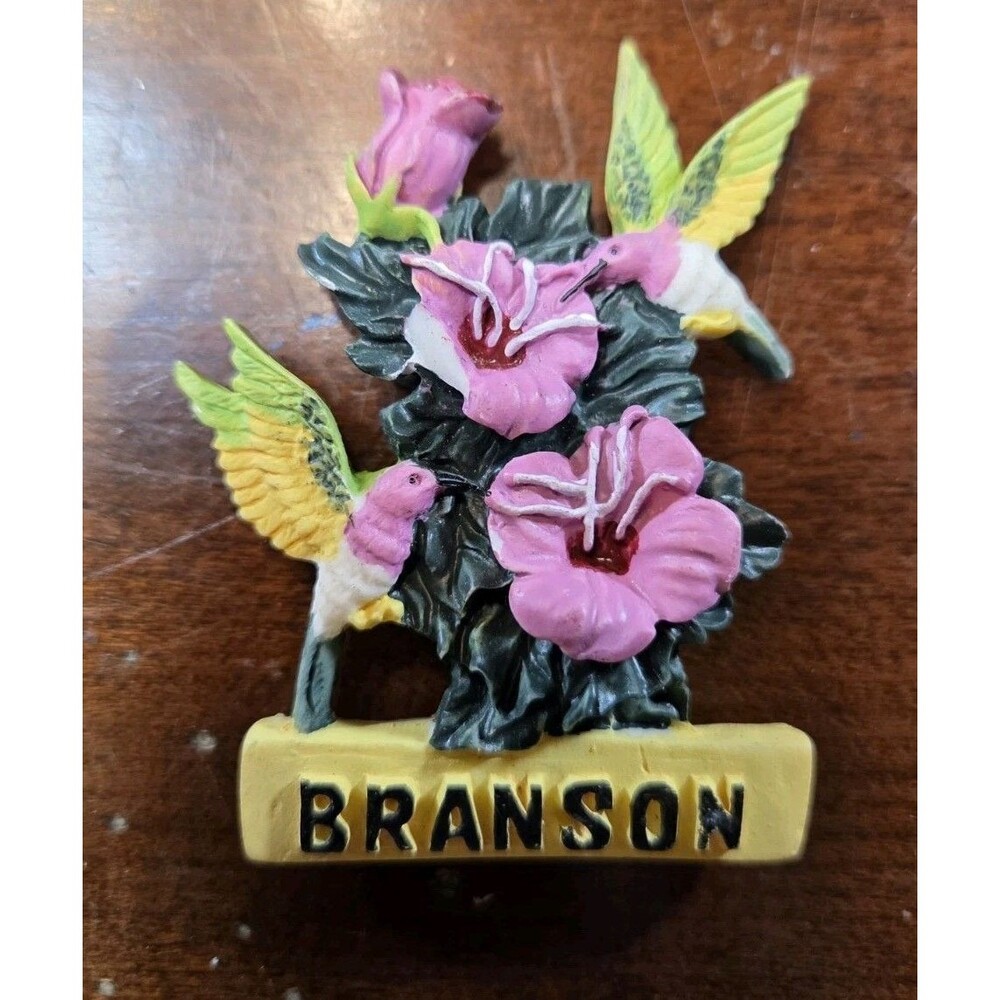 Branson Missouri Magnet Souvenir 3D Hummingbird Pink Flowers Resin Travel Decor